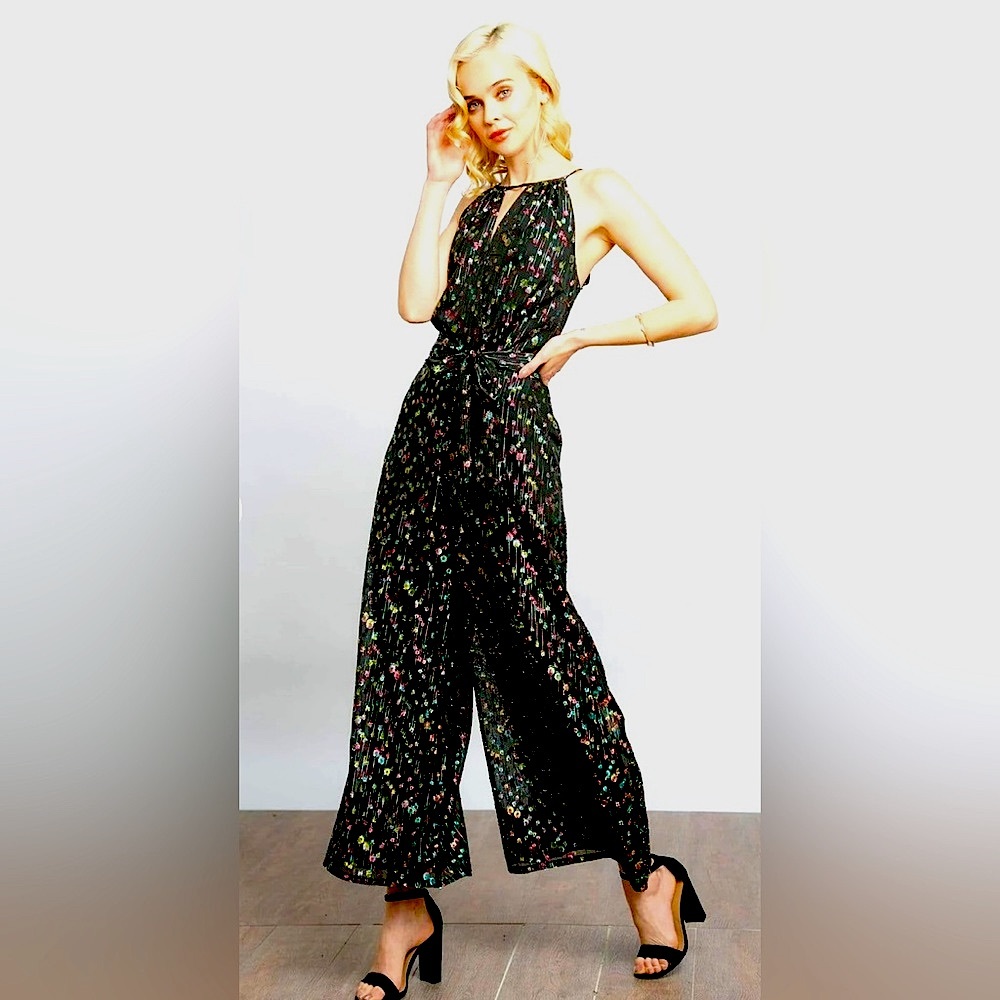 Eva Franco Anthropologie Edita Halter Metallic Clip Dot Jumpsuit M Retail $288